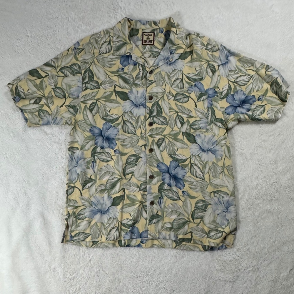 Tommy Bahama Mens Yellow Blue Hibiscus Floral Silk Blend Camp Shirt Large
